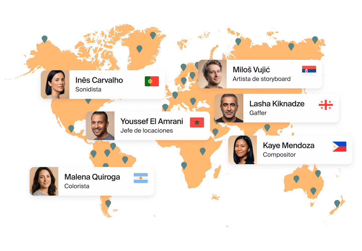 Mapa del mundo con tarjetas de freelancers de Mellow: sonidista en Portugal, artista de storyboard en Serbia, jefe de locaciones en Marruecos, gaffer en Georgia, compositor en Filipinas y colorista en Argentina