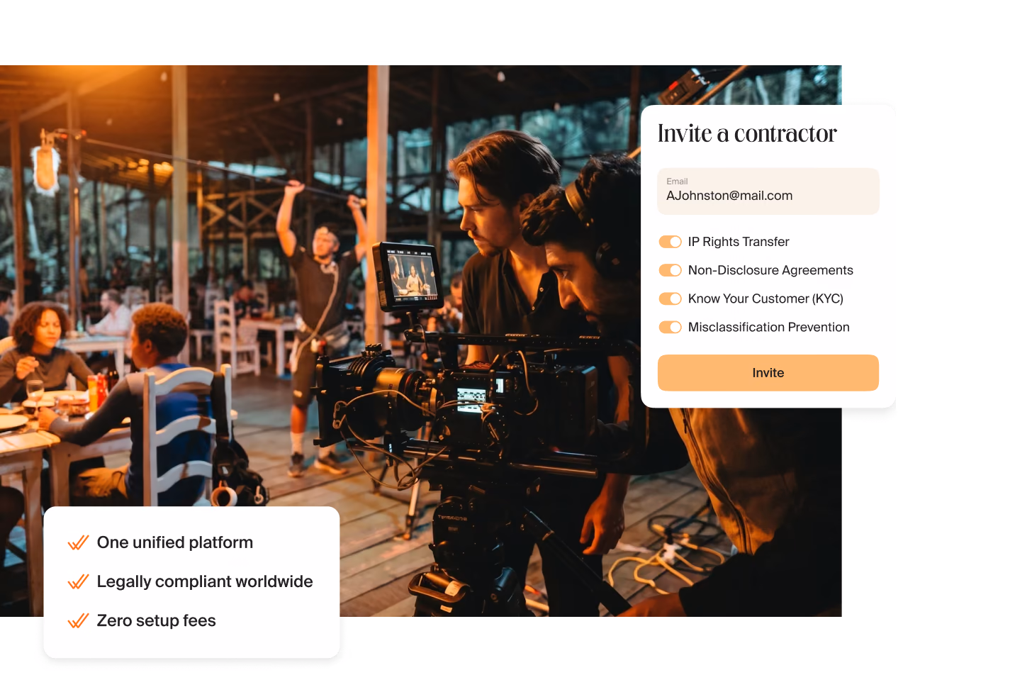 Film crew shooting a night scene next to a card with three points: one unified platform, legally compliant worldwide, zero setup fees