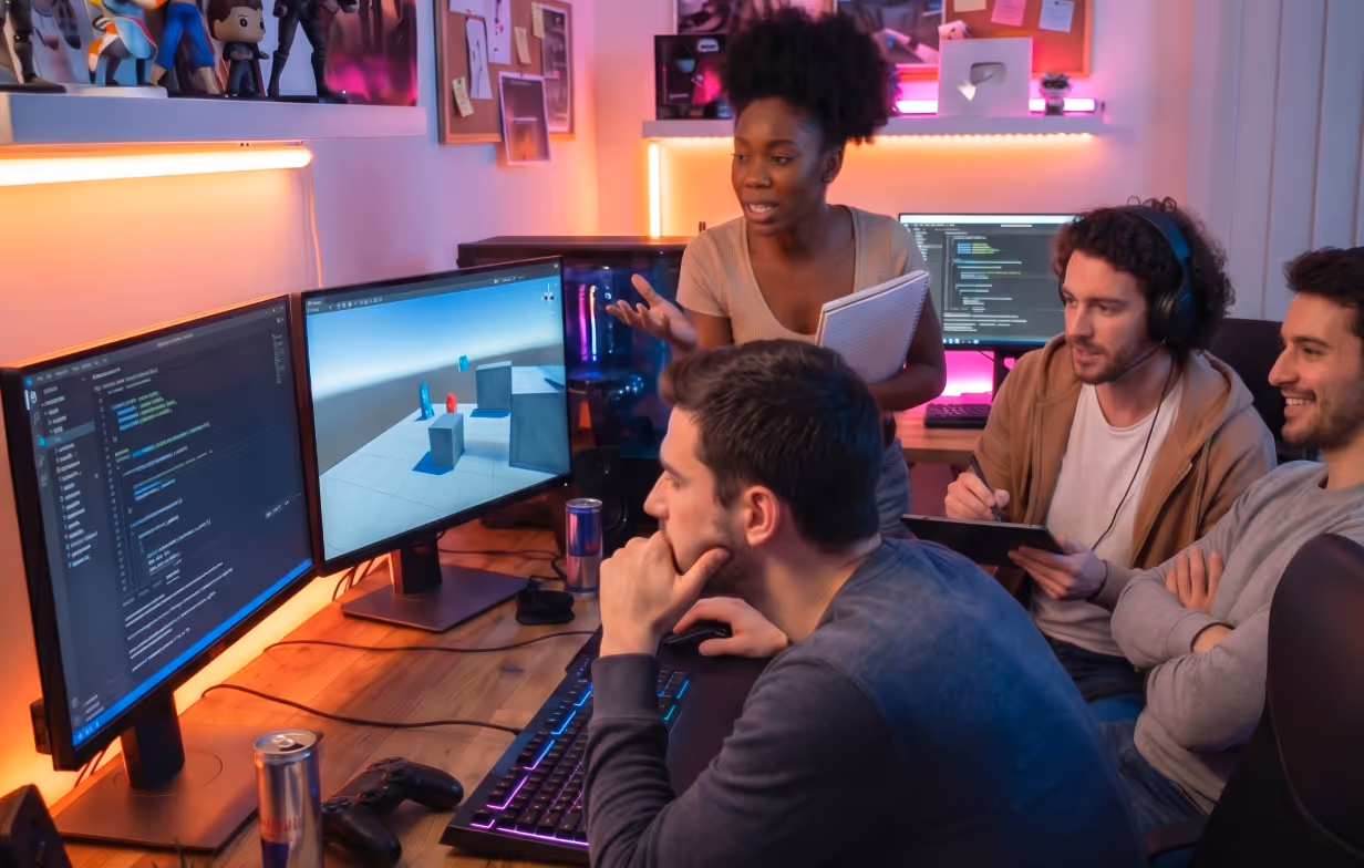 A game development team at work in a studio