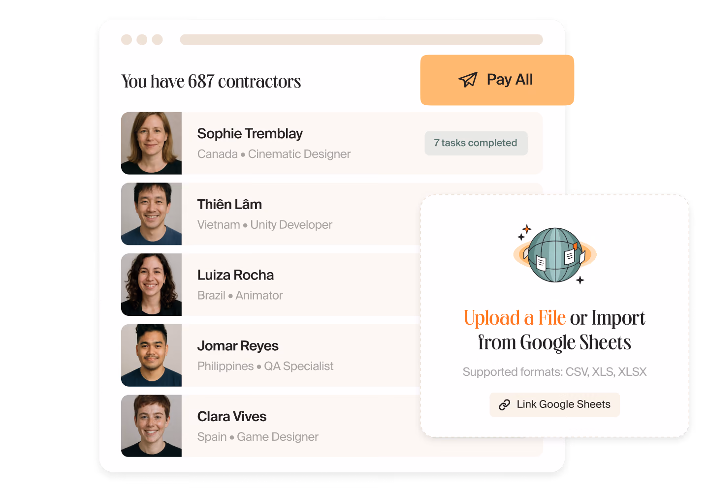 Mellow dashboard listing 687 contractors with a “Pay All” button and a card for importing a contractor list from a file or Google Sheets
