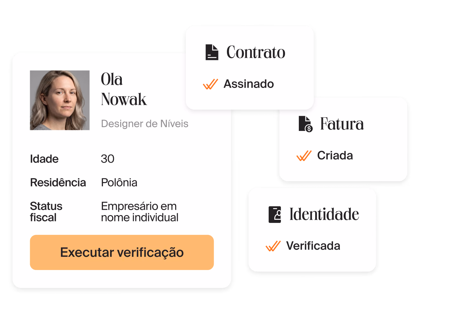 Perfil de uma designer de níveis na Mellow com o botão “Executar verificação” ao lado dos cartões de contrato assinado, fatura criada e identidade verificada
