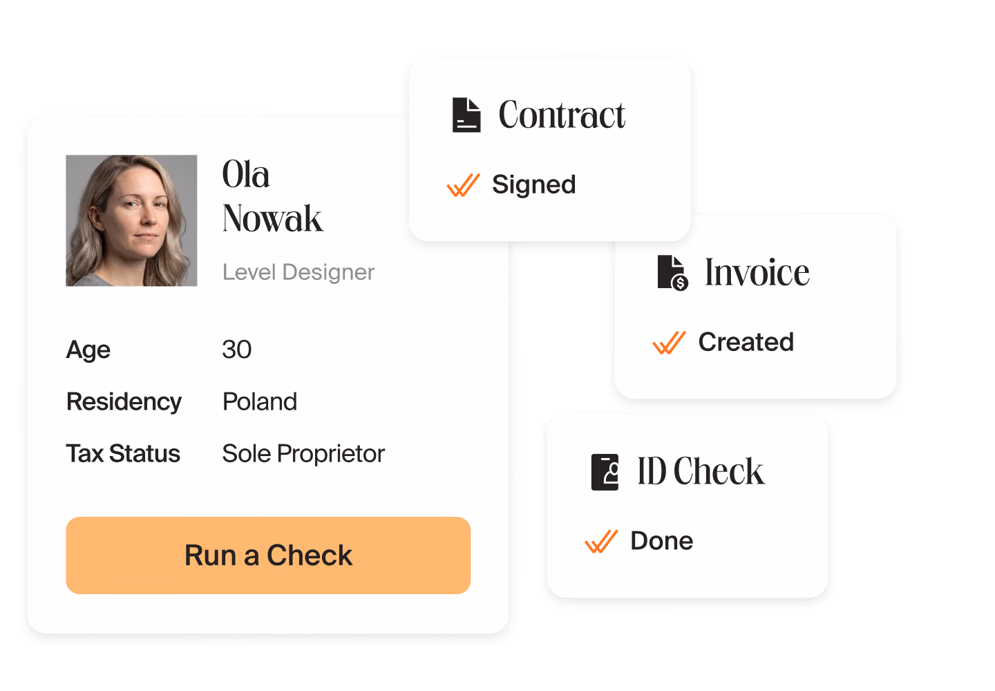 Contractor profile of a level designer in Mellow with a “Run a Check” button next to cards for a signed contract, a created invoice and a passed ID check