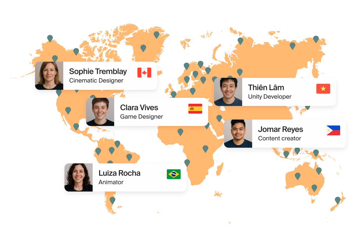 World map with Mellow contractor cards: a cinematic designer in Canada, a game designer in Spain, a Unity developer in Vietnam, a content creator in the Philippines and an animator in Brazil