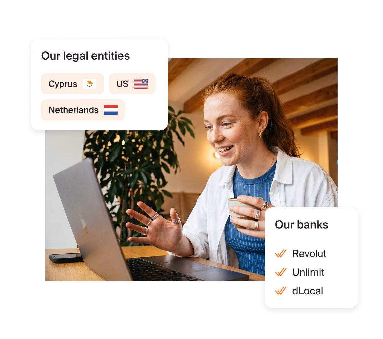 Our legal entities in Cyprus, the US and the Netherlands, and our banks: Revolut, Unlimit, dLocal