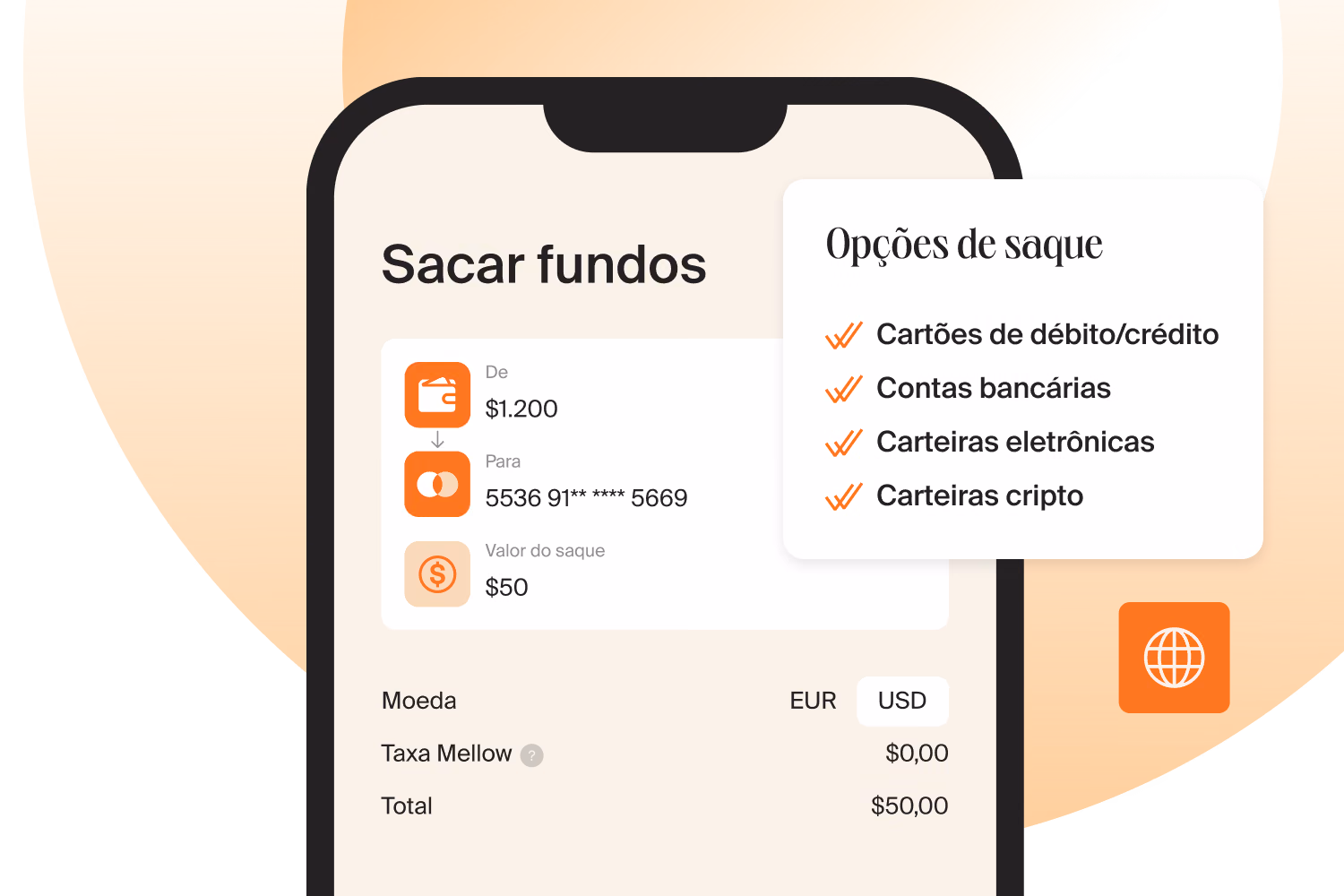 Tela de saque: cartão de débito ou crédito, conta bancária, carteira eletrônica ou cripto