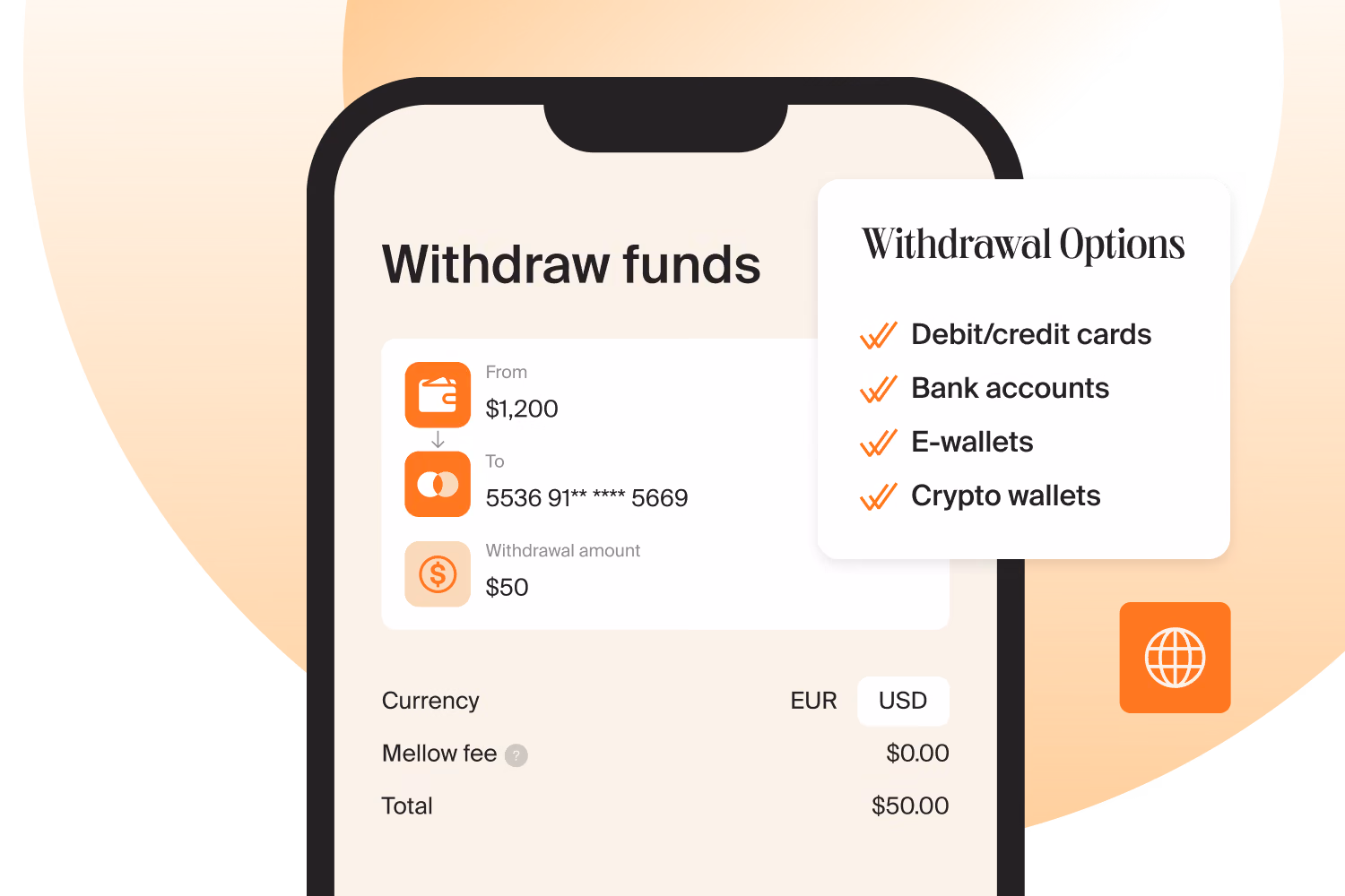 Withdrawal screen in the app: debit or credit card, bank account, e‑wallet or crypto wallet