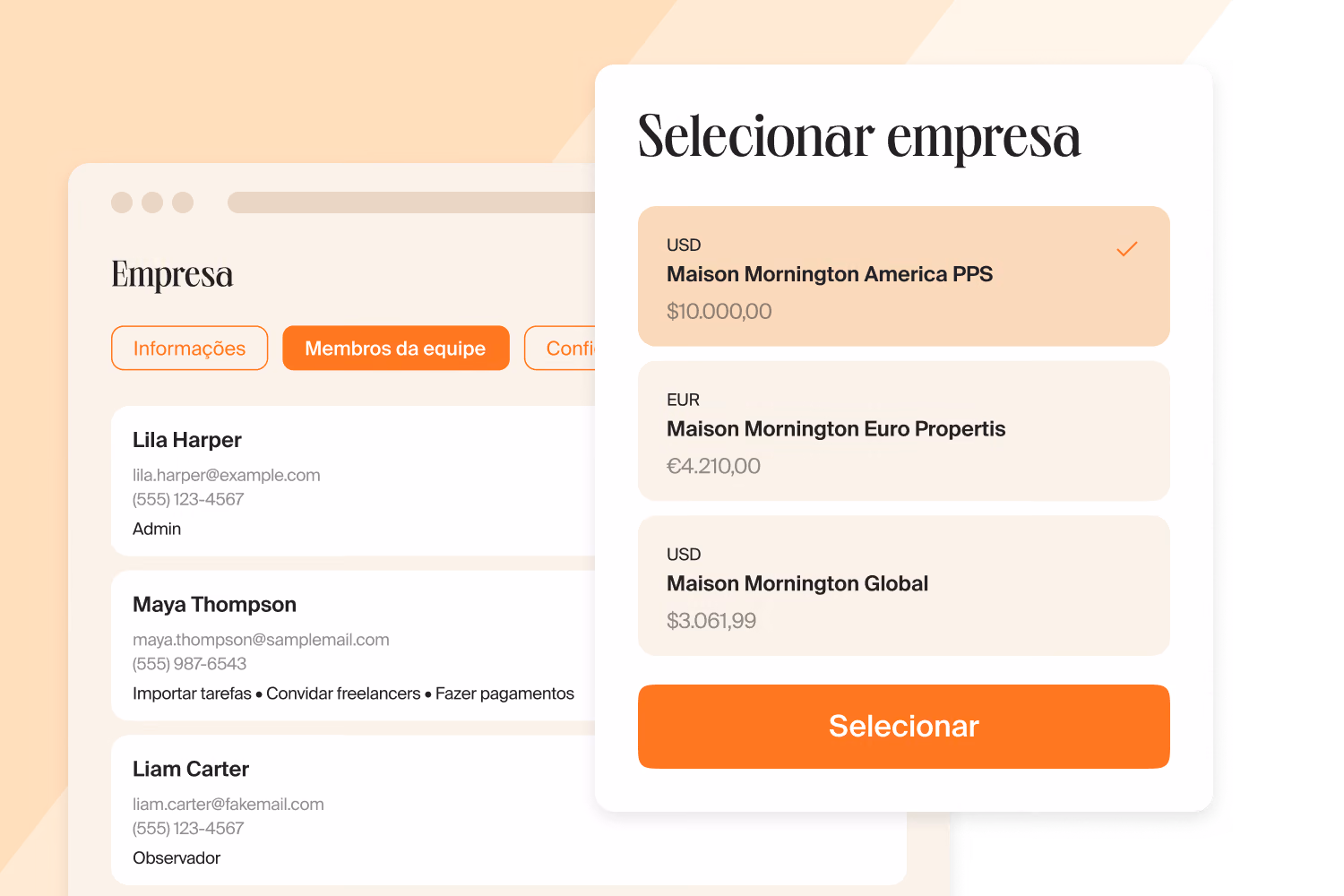 Seletor de empresas com três entidades jurídicas e seus saldos