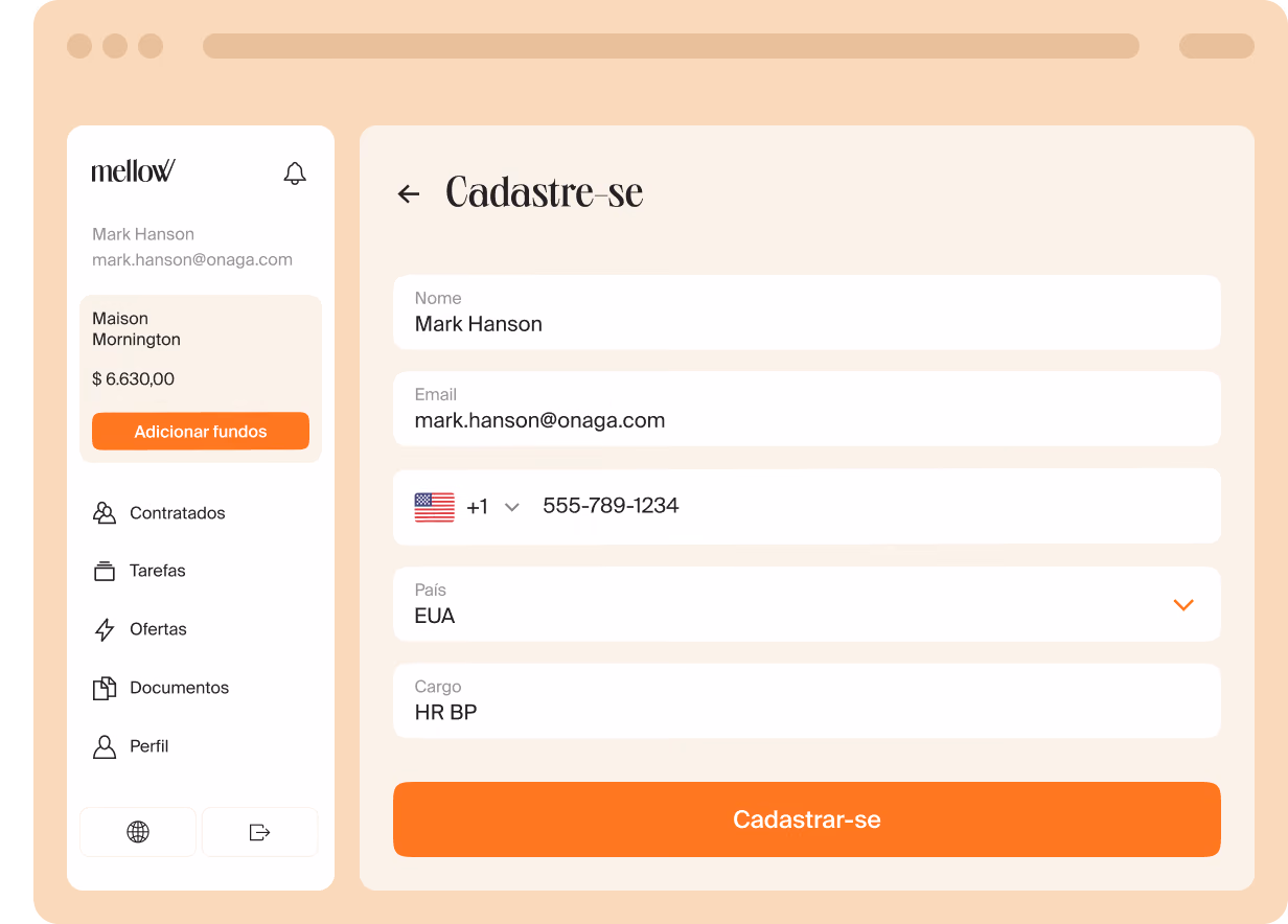 Formulário de cadastro da Mellow com os dados de contato da empresa