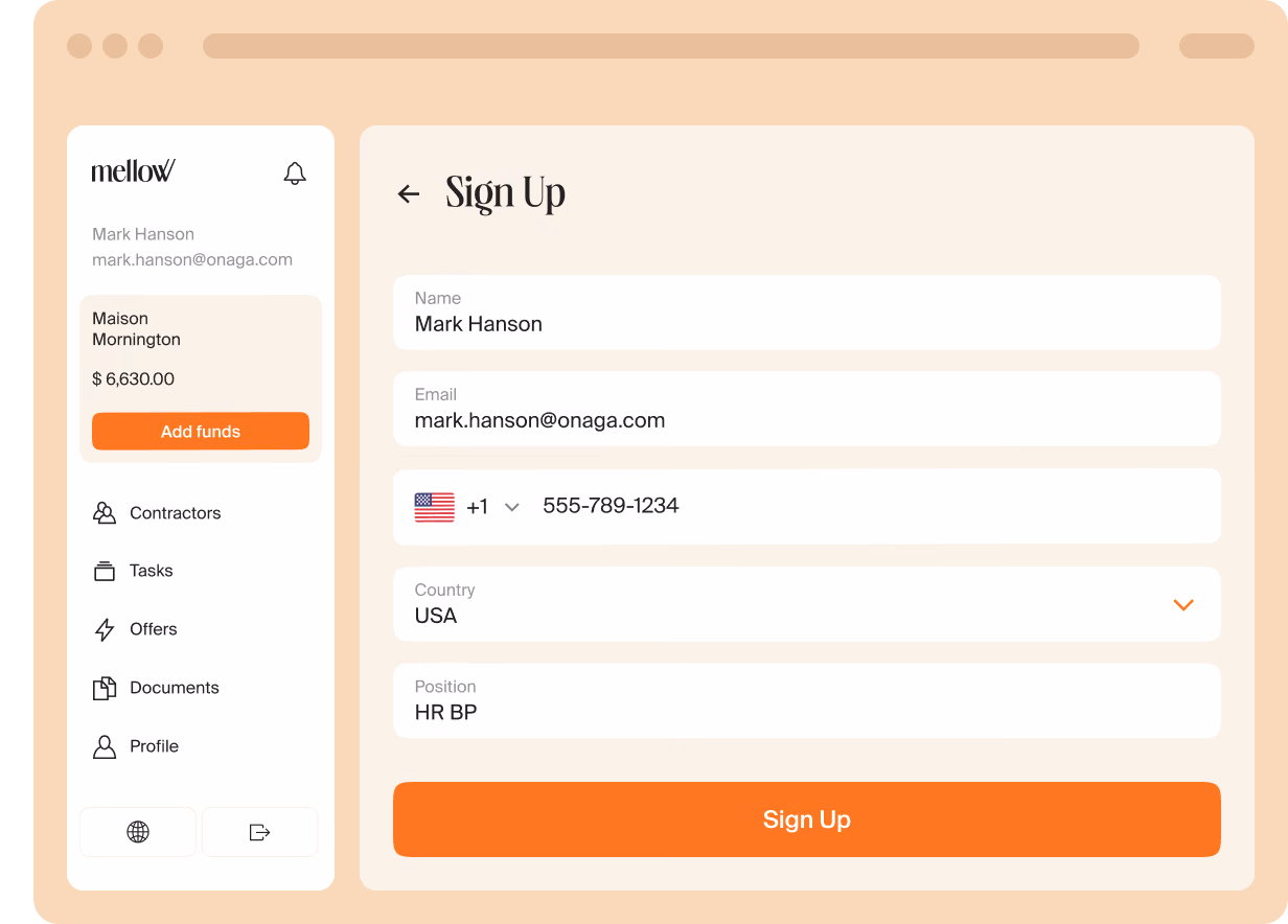 Mellow sign‑up form with company contact details