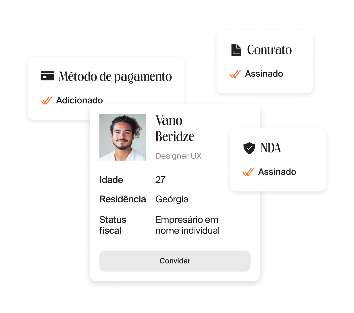 Contrato, NDA e pagamento prontos depois de escolher o candidato