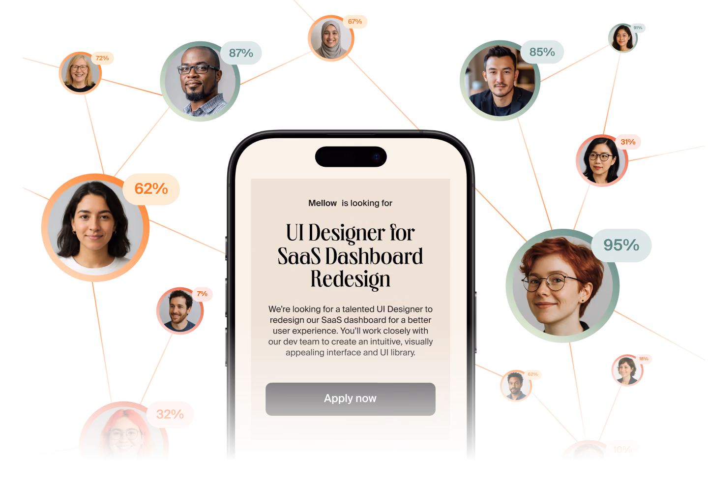 AI Scout emparejando un briefing de rediseño de panel SaaS con perfiles de freelancers y su porcentaje de coincidencia