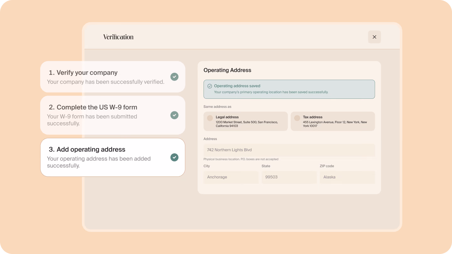 Verification modal on the operating address step: three completed steps with green check marks next to the address form and an “Operating address saved” alert.