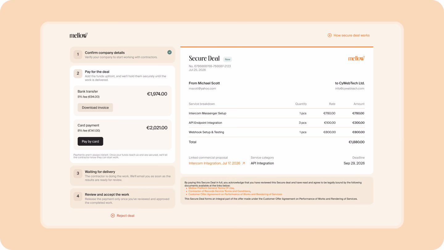 Secure Deal page for a client: numbered steps in the sidebar — confirm company details, pay by bank transfer or card, wait for delivery, accept the work — next to the invoice preview.