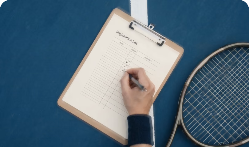 Player filling in the registration list on a clipboard next to a racket
