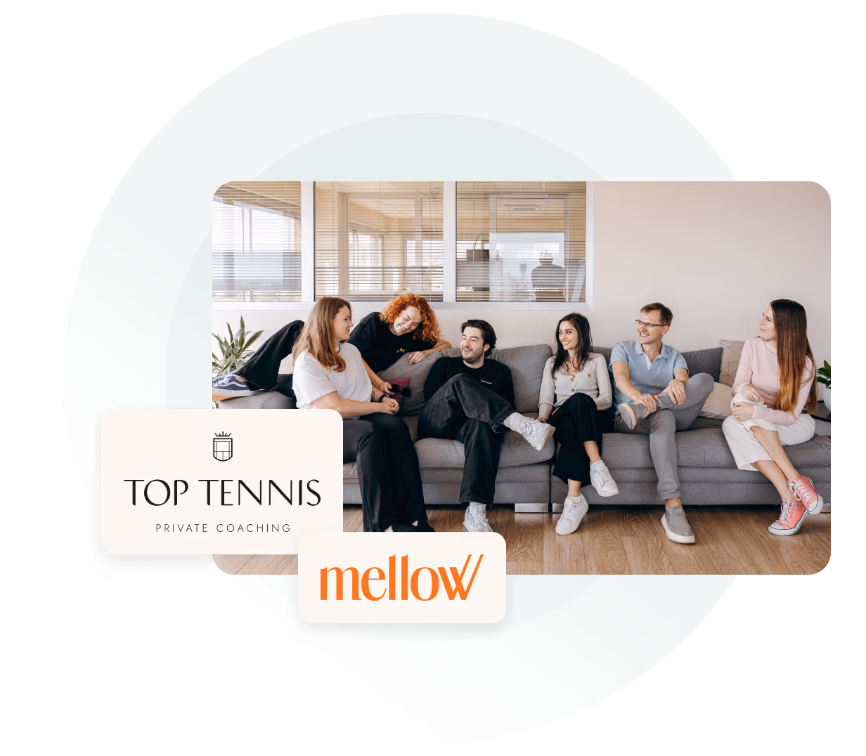 The Mellow team on a sofa, with Top Tennis and Mellow logos