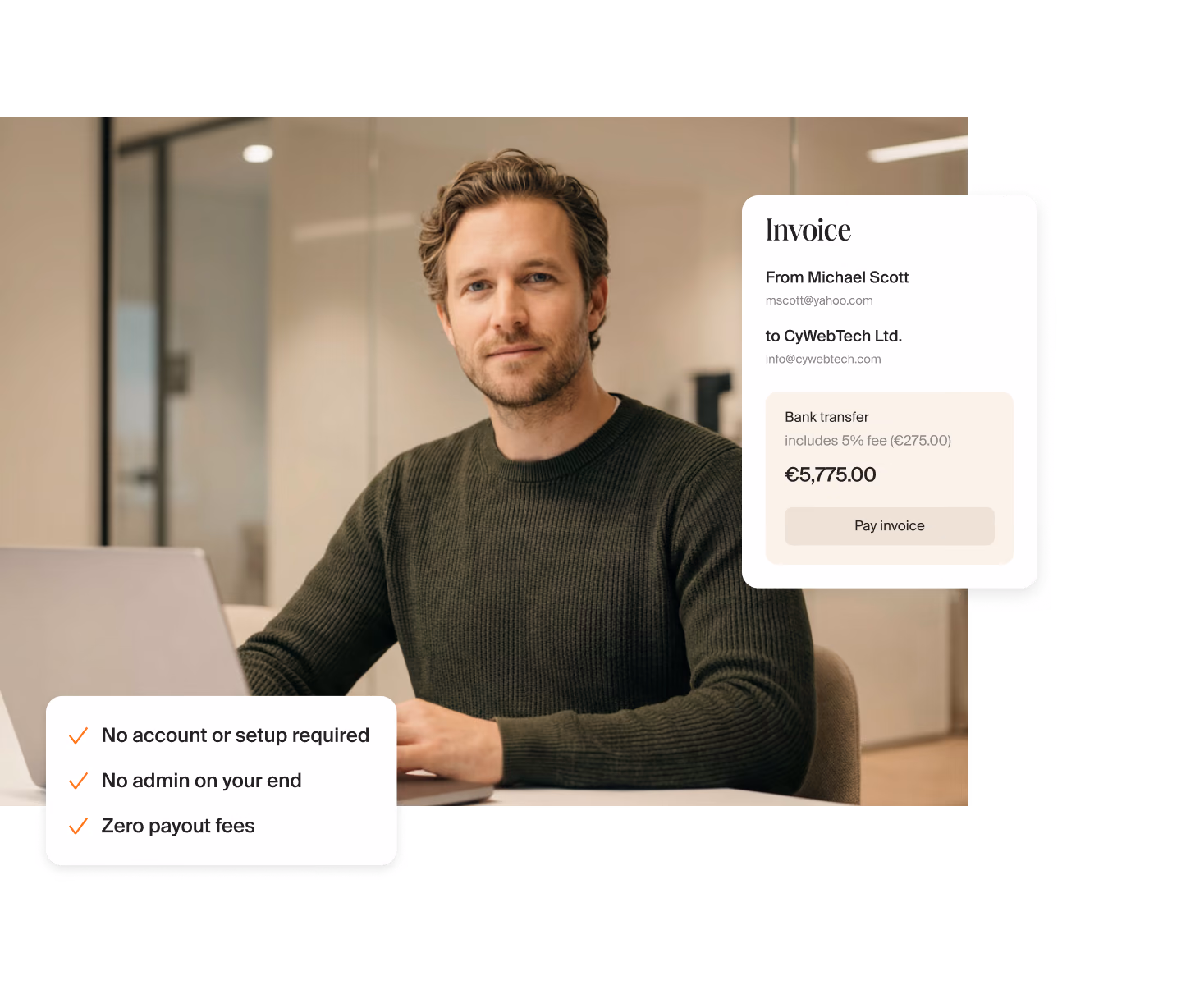 A freelancer at his laptop next to an invoice from Mellow: pay by bank transfer, no account or setup required
