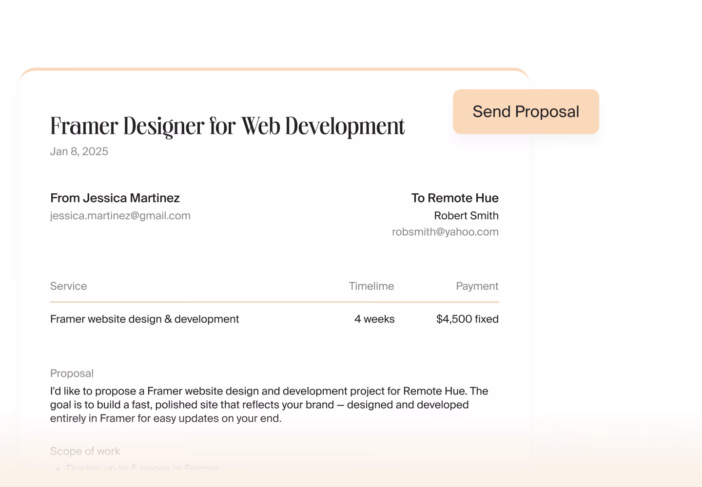 Коммерческое предложение по проекту на Framer с кнопкой Send Proposal