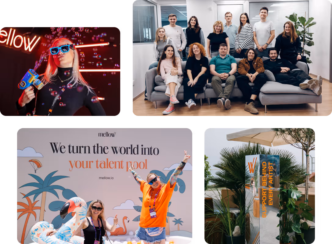 Collage of Mellow team photos and event moments